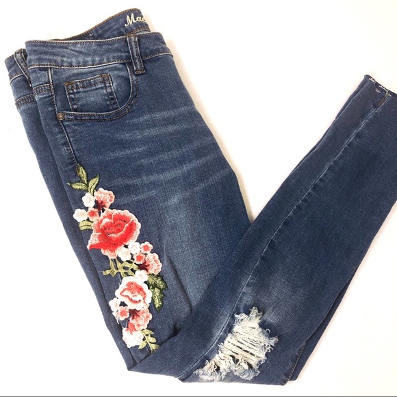 Machine Denim - Machine floral embroidered distressed denim